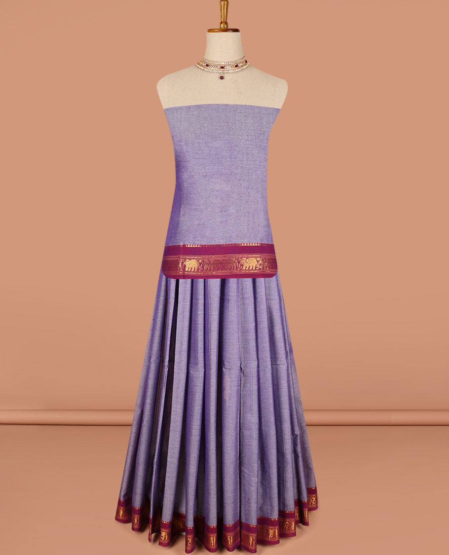 Purple cotton half saree contrast zari border with plain blouse & plain dhavani with contrast elephant zari border