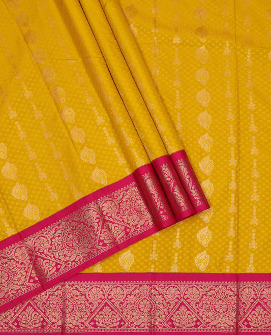 Mango yellow art silk pavadai material set, zari design pavadai, contrast blouse & traditional zari border