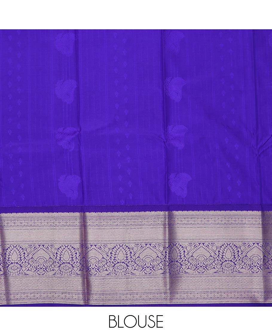 Green art silk pavadai material, zari design with contrast traditional zari bordered skirt, and a contrast bordered blouse