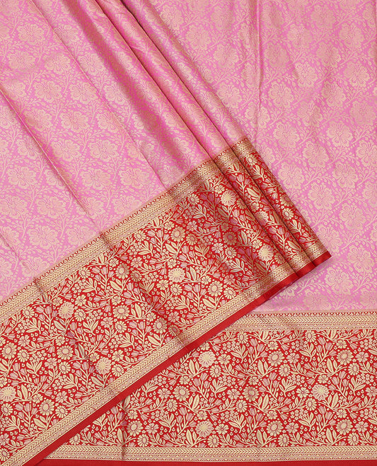 Pink Art Silk Pavadai Material, Bedecked with Jacquard Design, Contrast Floral Zari Design Border, and a Contrast Blouse