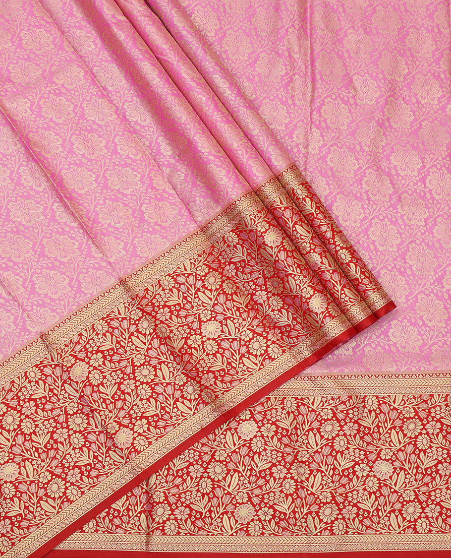 Pink Art Silk Pavadai Material, Bedecked with Jacquard Design, Contrast Floral Zari Design Border, and a Contrast Blouse