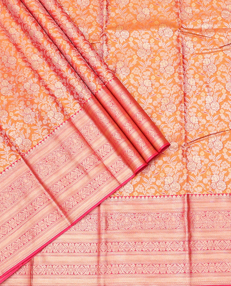 Orange Art Silk Half-Saree, Decked Up with Floral Jacquard Design, Contrast Traditional Zari Border, and Paired with a Matching Blouse
