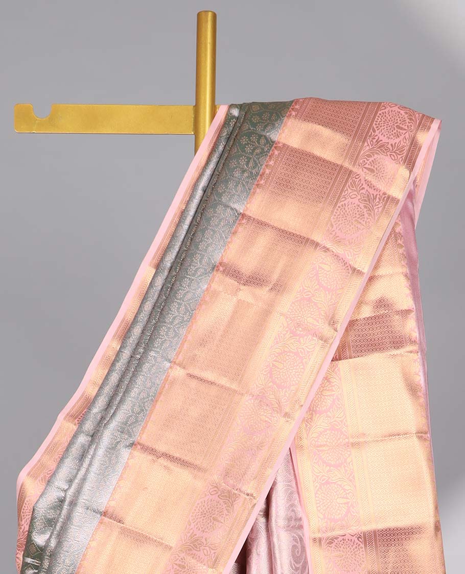 Grey floral jacquard budget silk saree with contrast zari border & floral zari design pallu