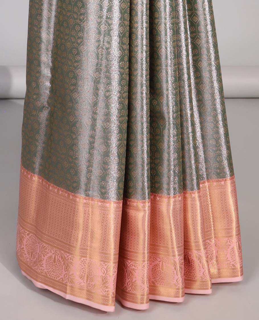 Grey floral jacquard budget silk saree with contrast zari border & floral zari design pallu