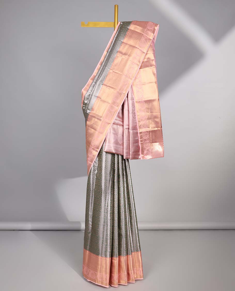 Grey floral jacquard budget silk saree with contrast zari border & floral zari design pallu