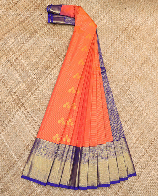 Orange Budget Silk Saree Highlighted with Zari Stripes and Floral Buttas, Accentuated by a Contrast Traditional Zari-Designed Border, Featuring a Pallu Elevated with Jaal Design, Paired with a Contrast Blouse