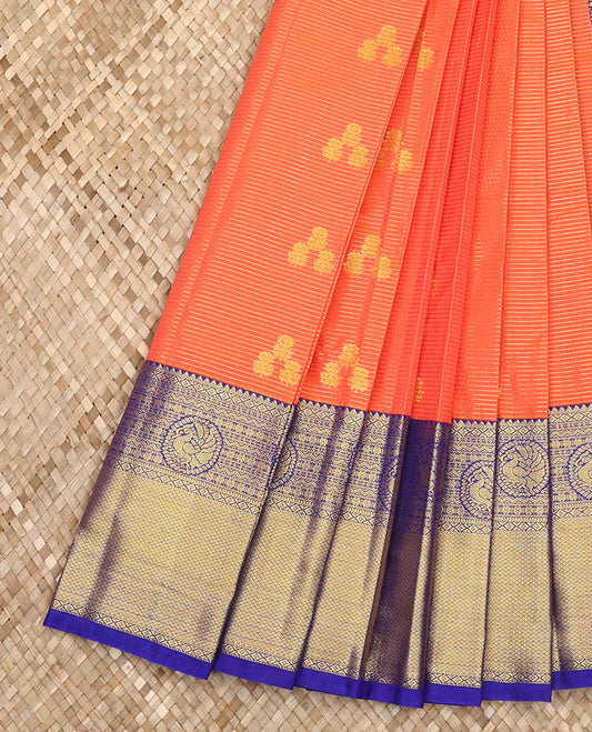 Orange Budget Silk Saree Highlighted with Zari Stripes and Floral Buttas, Accentuated by a Contrast Traditional Zari-Designed Border, Featuring a Pallu Elevated with Jaal Design, Paired with a Contrast Blouse