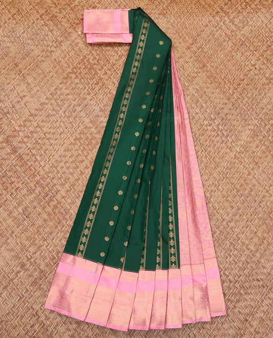 Green Budget Silk Saree, Woven with Zari Designs All Over Its Body, Complemented by a Contrast Varisai Traditional Zari Design Border, Grand Jaal Pallu, and Paired with a Contrast Blouse