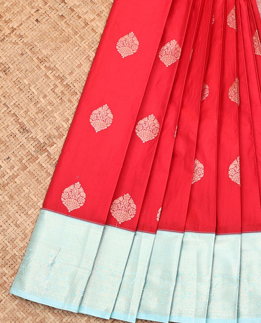 Red Budget Silk Saree, Ornamented with Zari Buttas All Over Its Body, Complemented by a Contrast Traditional Zari Design Border, Sparsely Woven Pallu, and Paired with a Contrast Blouse