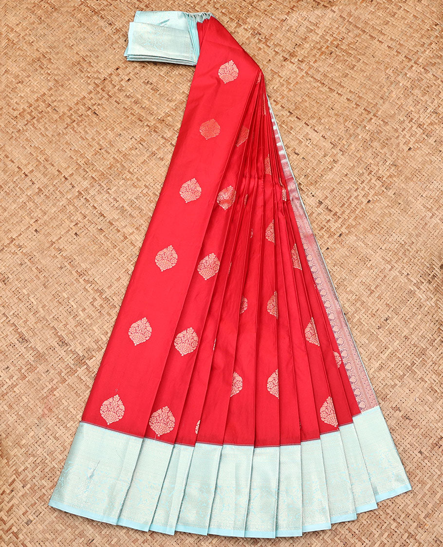 Red Budget Silk Saree, Ornamented with Zari Buttas All Over Its Body, Complemented by a Contrast Traditional Zari Design Border, Sparsely Woven Pallu, and Paired with a Contrast Blouse