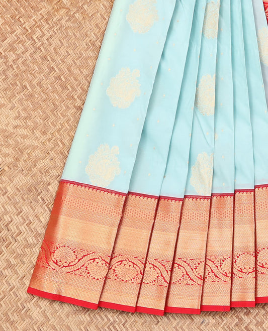 Baby Blue Budget Silk Saree, Sparsely Woven with Zari Buttas on Its Body, Complemented by a Contrast Traditional Zari Design Border, Grand Pallu, and Paired with a Contrast Blouse