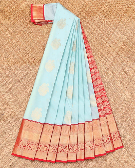 Baby Blue Budget Silk Saree, Sparsely Woven with Zari Buttas on Its Body, Complemented by a Contrast Traditional Zari Design Border, Grand Pallu, and Paired with a Contrast Blouse