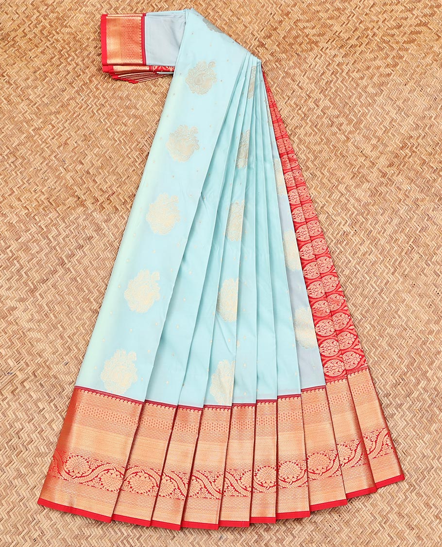 Baby Blue Budget Silk Saree, Sparsely Woven with Zari Buttas on Its Body, Complemented by a Contrast Traditional Zari Design Border, Grand Pallu, and Paired with a Contrast Blouse