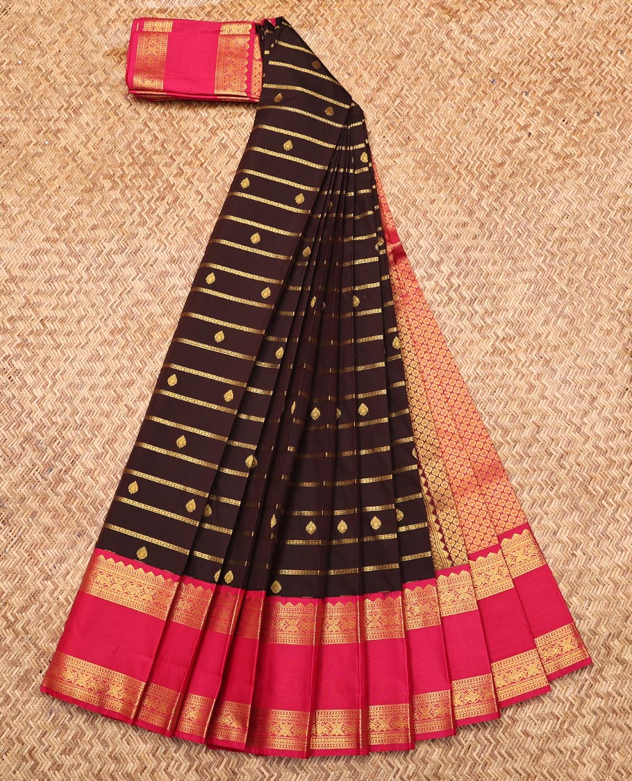 Brown Budget Silk Saree, Gleamed Up with Zari Buttas and Stripes, Complemented by a Contrast Traditional Zari Border, Grand Pallu, and a Contrast Blouse