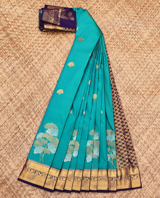 Blue Budget Silk Saree, Embellished with Floral Zari Buttas, Complemented by a Contrast Traditional Zari Border, Intricate Pallu, and a Contrast Blouse