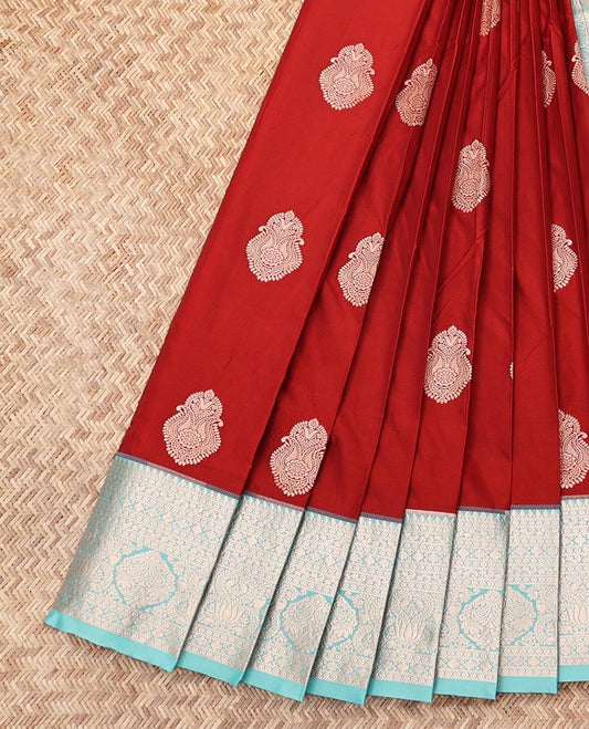 Rust Budget Silk Saree, Bedecked with Zari Buttas, Complemented by a Contrast Traditional Zari Border, Grand Pallu, and a Contrast Blouse