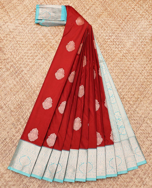 Rust Budget Silk Saree, Bedecked with Zari Buttas, Complemented by a Contrast Traditional Zari Border, Grand Pallu, and a Contrast Blouse