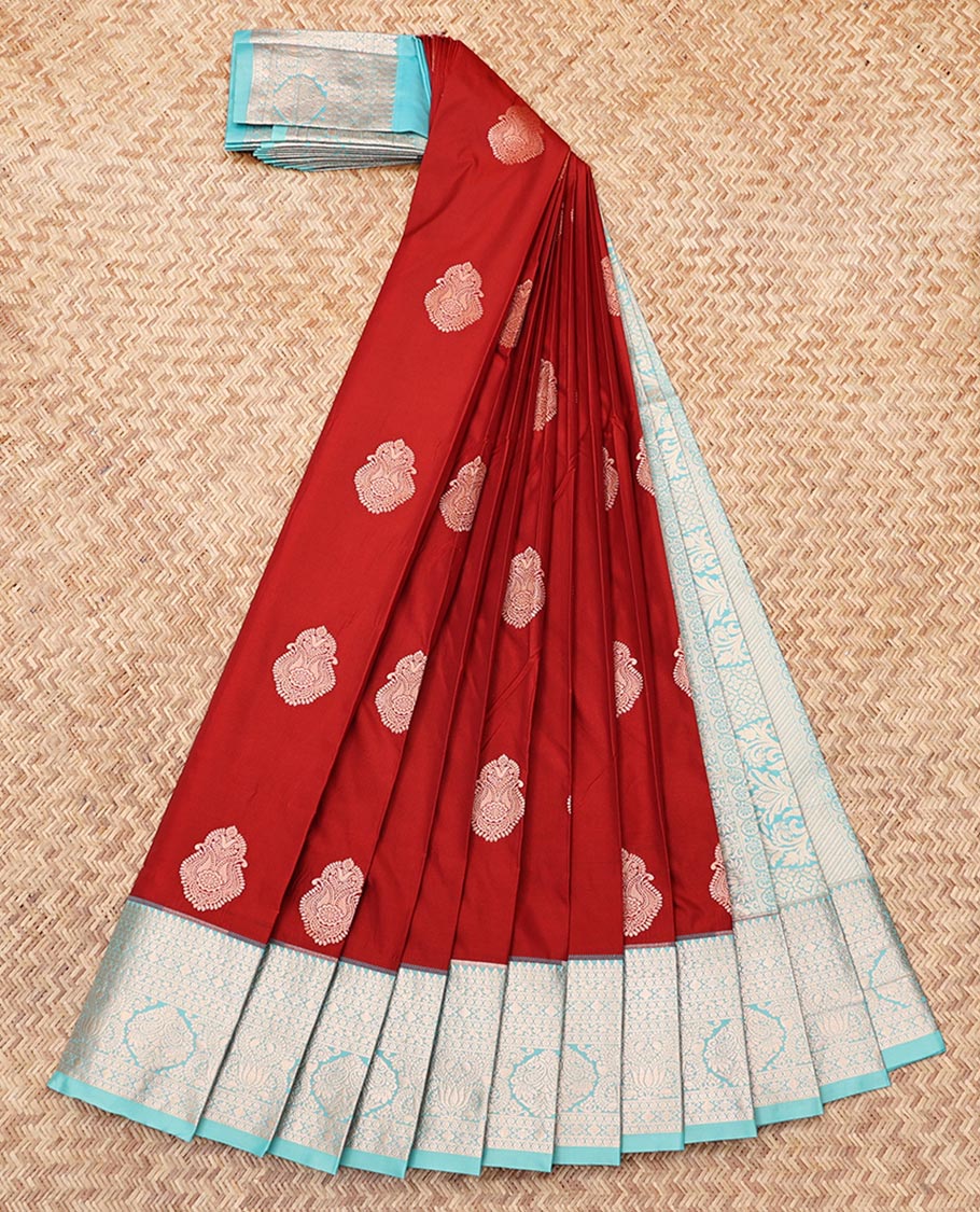 Rust Budget Silk Saree, Bedecked with Zari Buttas, Complemented by a Contrast Traditional Zari Border, Grand Pallu, and a Contrast Blouse