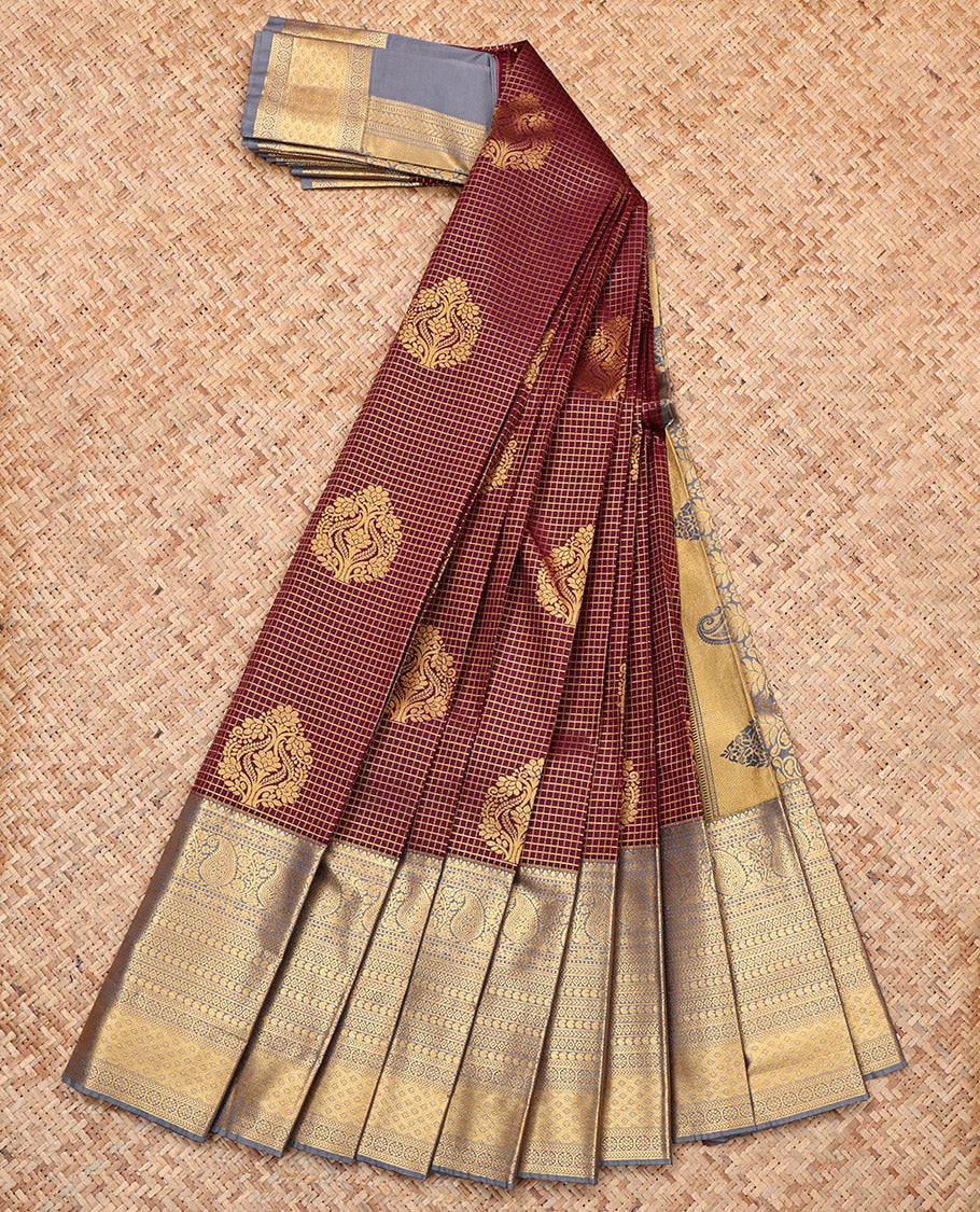 Maroon Budget Silk Saree, Richly Detailed with Zari Buttas and Micro-Checks, a Contrast Traditional Zari Big Border, Intricate Pallu, and a Contrast Blouse