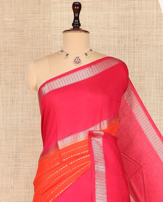 Orange Assam Silk Saree, Richly Detailed with Zari Stripes on Its Body, Complemented by a Contrast Big Traditional Zari Design Woven Border, Sparkling Pallu of Zari Stripes, and Paired with a Contrast Blouse