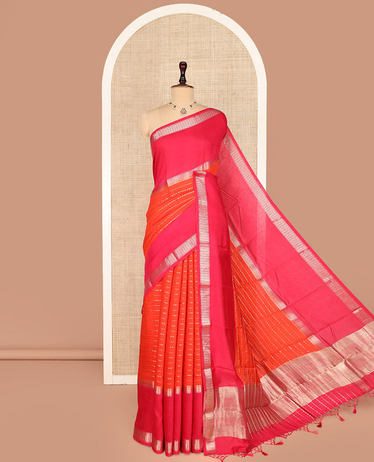 Orange Assam Silk Saree, Richly Detailed with Zari Stripes on Its Body, Complemented by a Contrast Big Traditional Zari Design Woven Border, Sparkling Pallu of Zari Stripes, and Paired with a Contrast Blouse