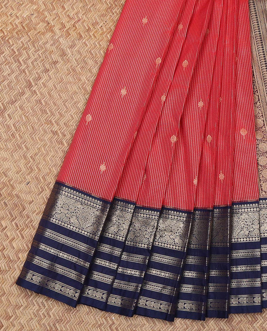 Red Budget Silk Saree, Subtly Sparkled With Zari Buttas and Checks On Its Body, Complemented by Contrast Traditional Zari Designs Woven Border, Grand Pallu and Paired with a Contrast Blouse