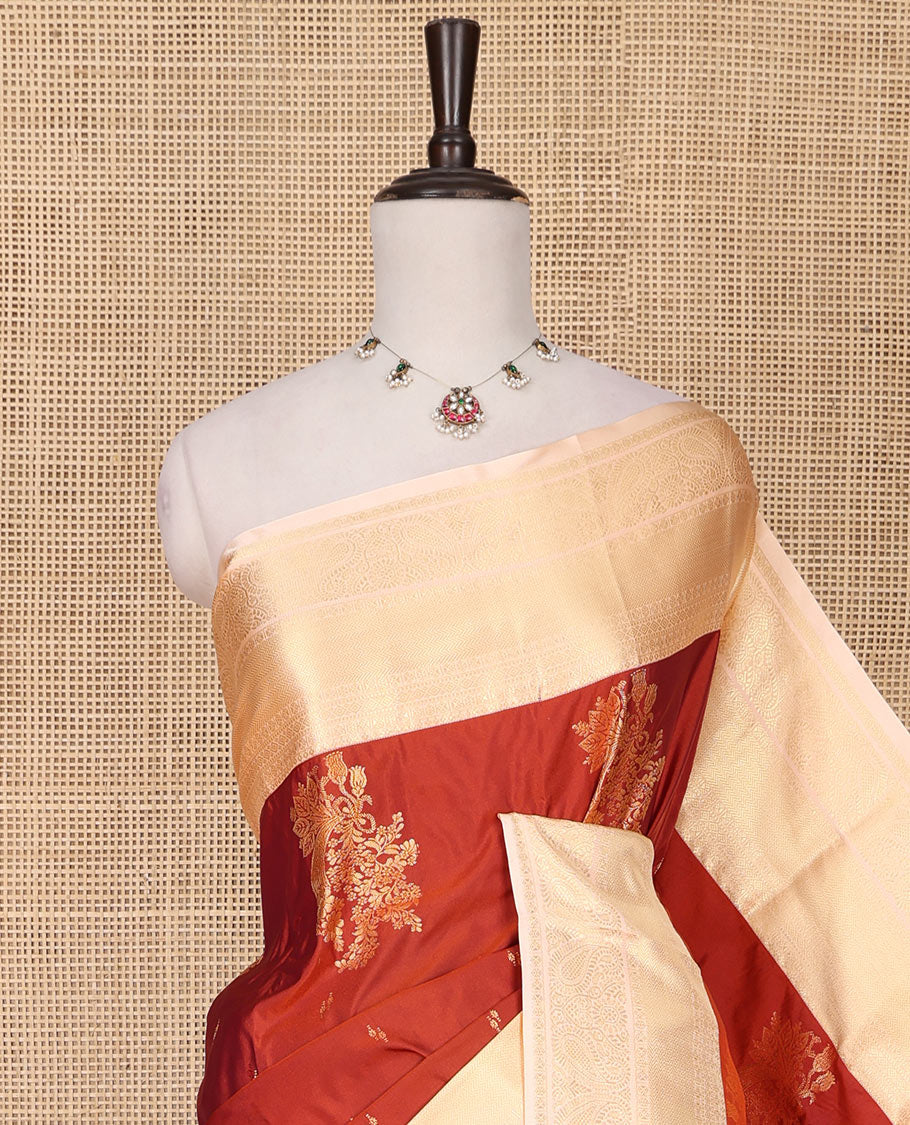 Rust Orange Budget Silk Saree, Bedecked with Floral Zari Buttas All Over Its Body, Complemented by a Contrast Traditional Zari Design Border, Sparsely Sparkled Pallu, and Paired with a Contrast Blouse