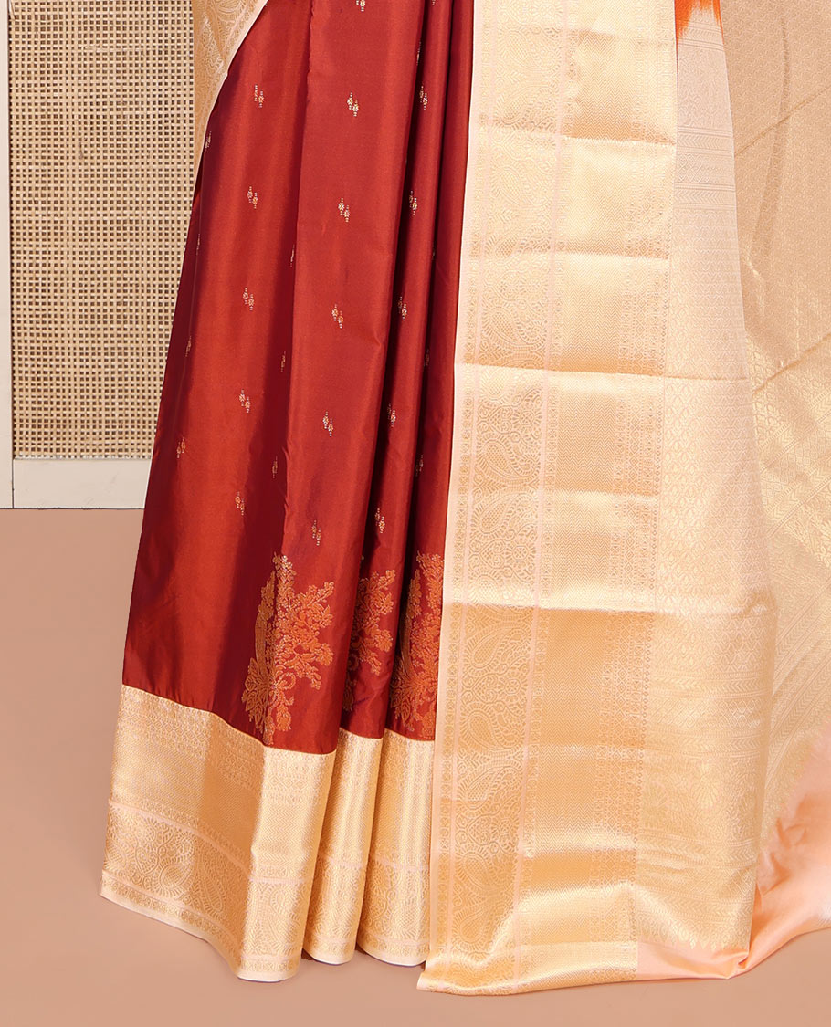 Rust Orange Budget Silk Saree, Bedecked with Floral Zari Buttas All Over Its Body, Complemented by a Contrast Traditional Zari Design Border, Sparsely Sparkled Pallu, and Paired with a Contrast Blouse