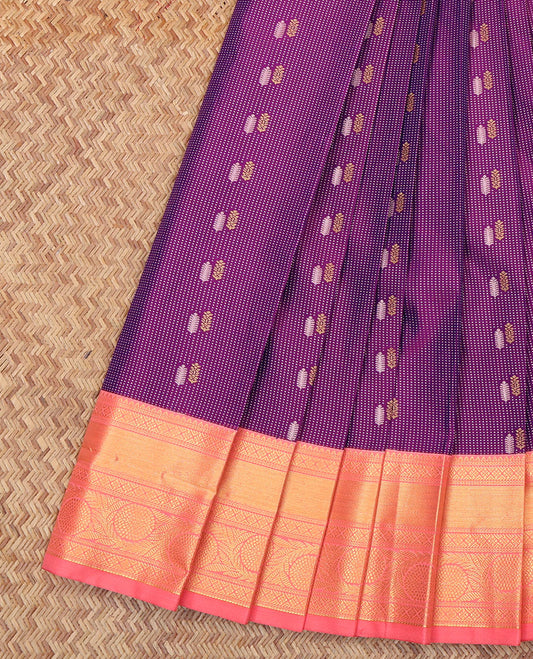 Purple Budget Silk Saree, Subtly Sparkled with Zari Buttas All Over Its Body, Complemented by a Contrast Traditional Zari Border, Grand Jaal Pallu, and Paired with a Contrast Blouse