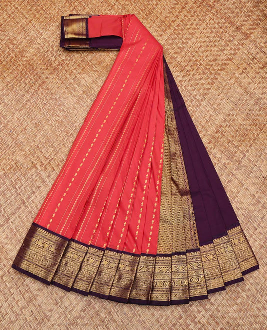Red Budget Silk Saree, Enriched with Zari Stripes All Over Its Body, Complemented by Contrast Traditional Zari Designs Woven Border, Grand Jaal Pallu, and Paired with a Contrast Blouse