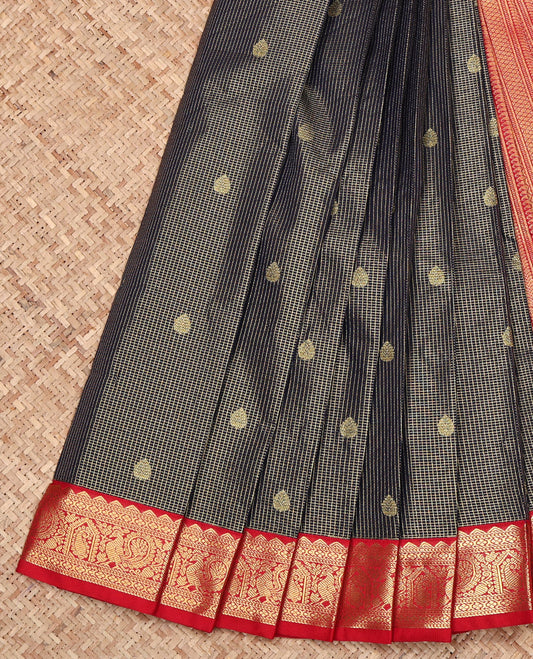 Deep Blue Budget Silk Saree, Elegantly Framed with Zari Buttas and Micro-Checks All Over Its Body, Complemented by a Contrast Traditional Zari Design Border, Grand Geometric-Patterned Pallu, and Paired with a Contrast Blouse