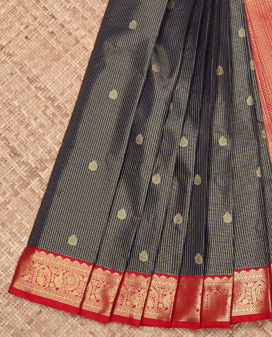 Deep Blue Budget Silk Saree, Elegantly Framed with Zari Buttas and Micro-Checks All Over Its Body, Complemented by a Contrast Traditional Zari Design Border, Grand Geometric-Patterned Pallu, and Paired with a Contrast Blouse