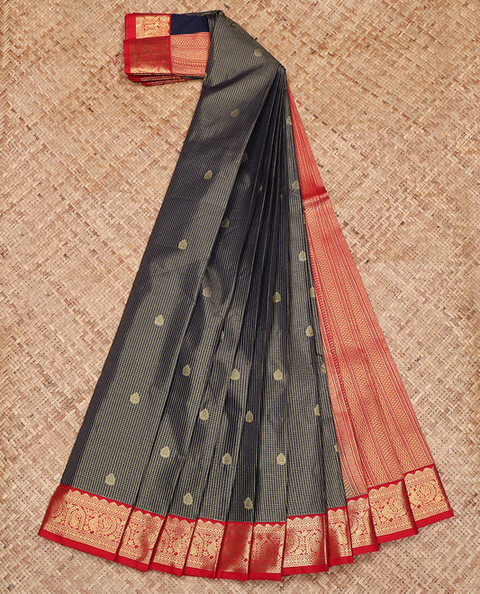 Deep Blue Budget Silk Saree, Elegantly Framed with Zari Buttas and Micro-Checks All Over Its Body, Complemented by a Contrast Traditional Zari Design Border, Grand Geometric-Patterned Pallu, and Paired with a Contrast Blouse