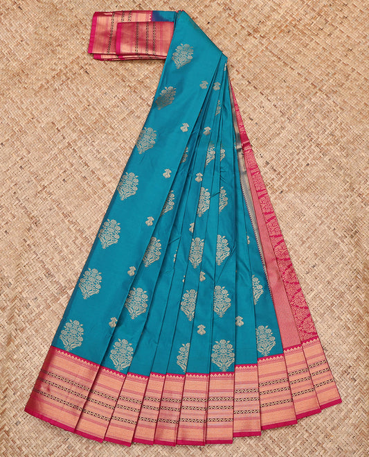 Blue Budget Silk Saree, Woven with Zari Buttas All Over Its Body, Complemented by a Contrast Traditional Zari Border, Grand Pallu, and Paired with a Contrast Blouse