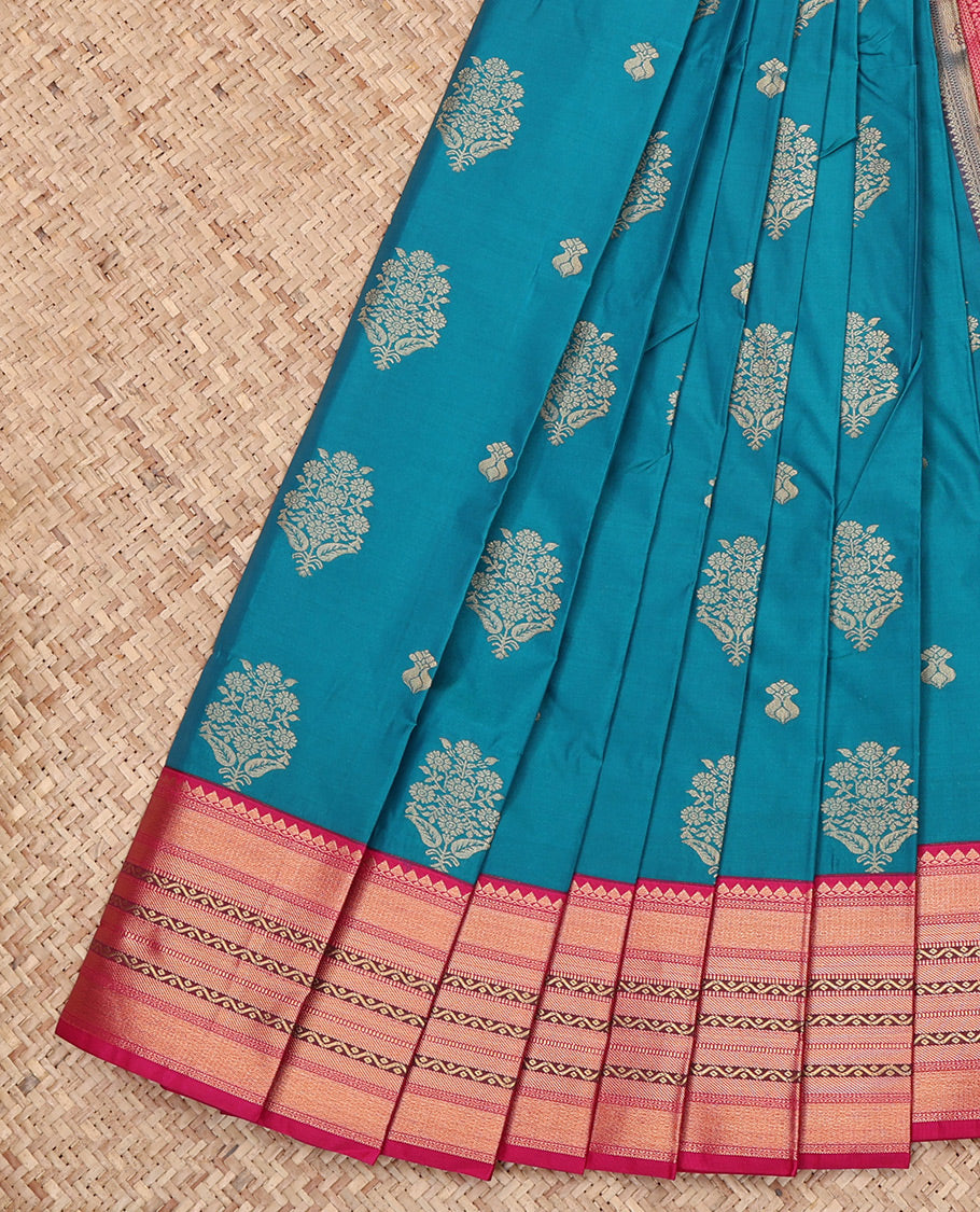Blue Budget Silk Saree, Woven with Zari Buttas All Over Its Body, Complemented by a Contrast Traditional Zari Border, Grand Pallu, and Paired with a Contrast Blouse