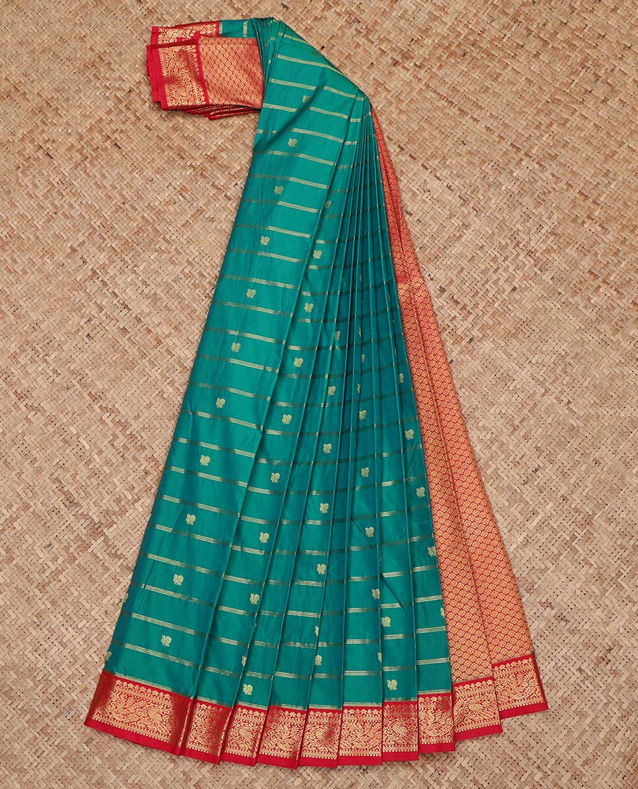 Peacock Color Budget Silk Saree, Woven with Zari Buttas and Zari Stripes on Its Body, Complemented by a Contrast Traditional Zari Design Border, Grand Jaal Pallu, and Paired with a Contrast Blouse