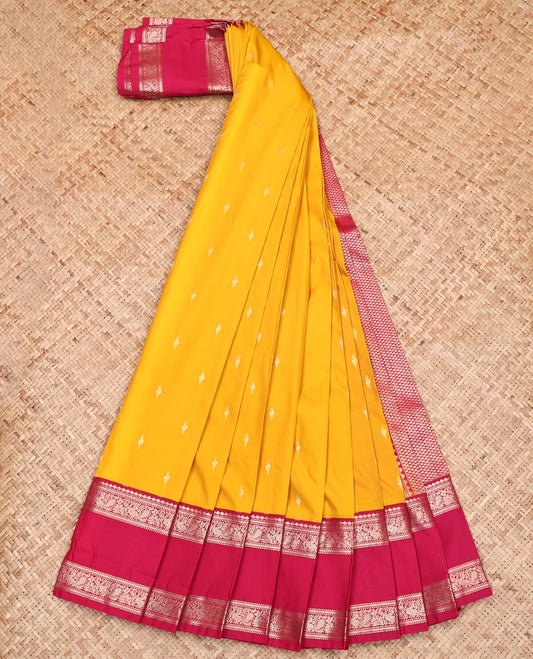 Yellow Budget Silk Saree, Subtly Sparkled with Zari Buttas on Its Body, Complemented by a Contrast Traditional Zari Design Rettai Pettu Border, Grand Jaal Pallu, and Paired with a Contrast Blouse