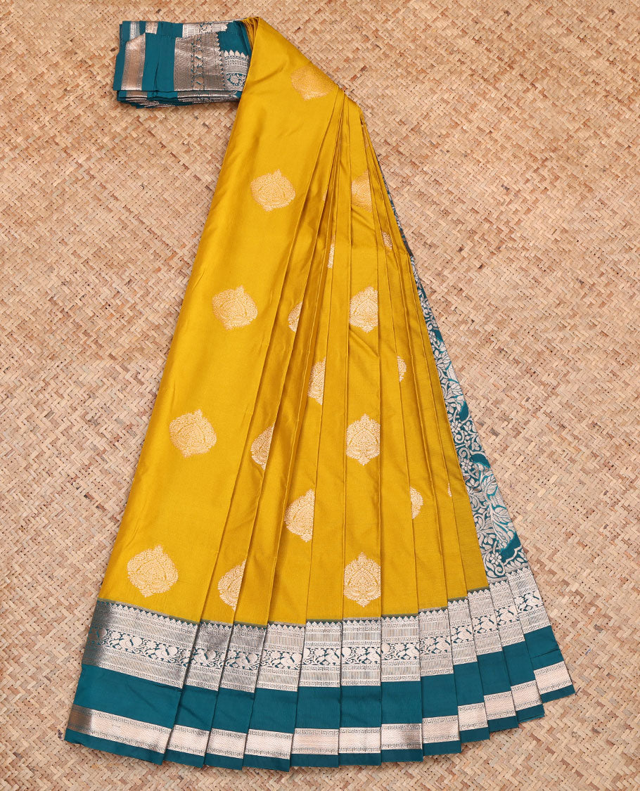 Yellow Budget Silk Saree, Mesmerized with Zari Buttas, Complemented by a Contrast Traditional Zari  Rettai Pettu Border, Grand Pallu, and a Contrast Blouse