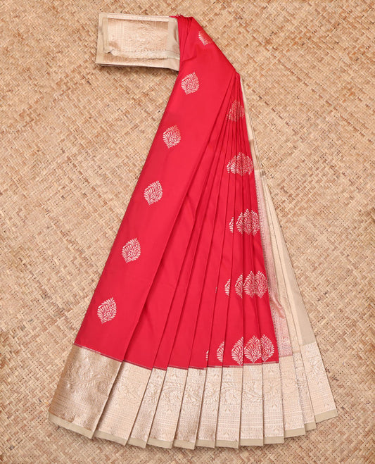 Red Budget Silk Saree, Spotlighted with Zari Buttas, Complemented by a Contrast Traditional Zari Border, Grand Pallu, and Contrast Blouse