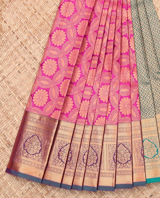 Pink Budget Silk Saree, Woven with Jacquard Design, Complemented by a Contrast Traditional Zari Border, Grand Pallu, and a Contrast Blouse