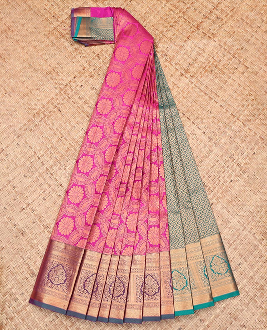 Pink Budget Silk Saree, Woven with Jacquard Design, Complemented by a Contrast Traditional Zari Border, Grand Pallu, and a Contrast Blouse