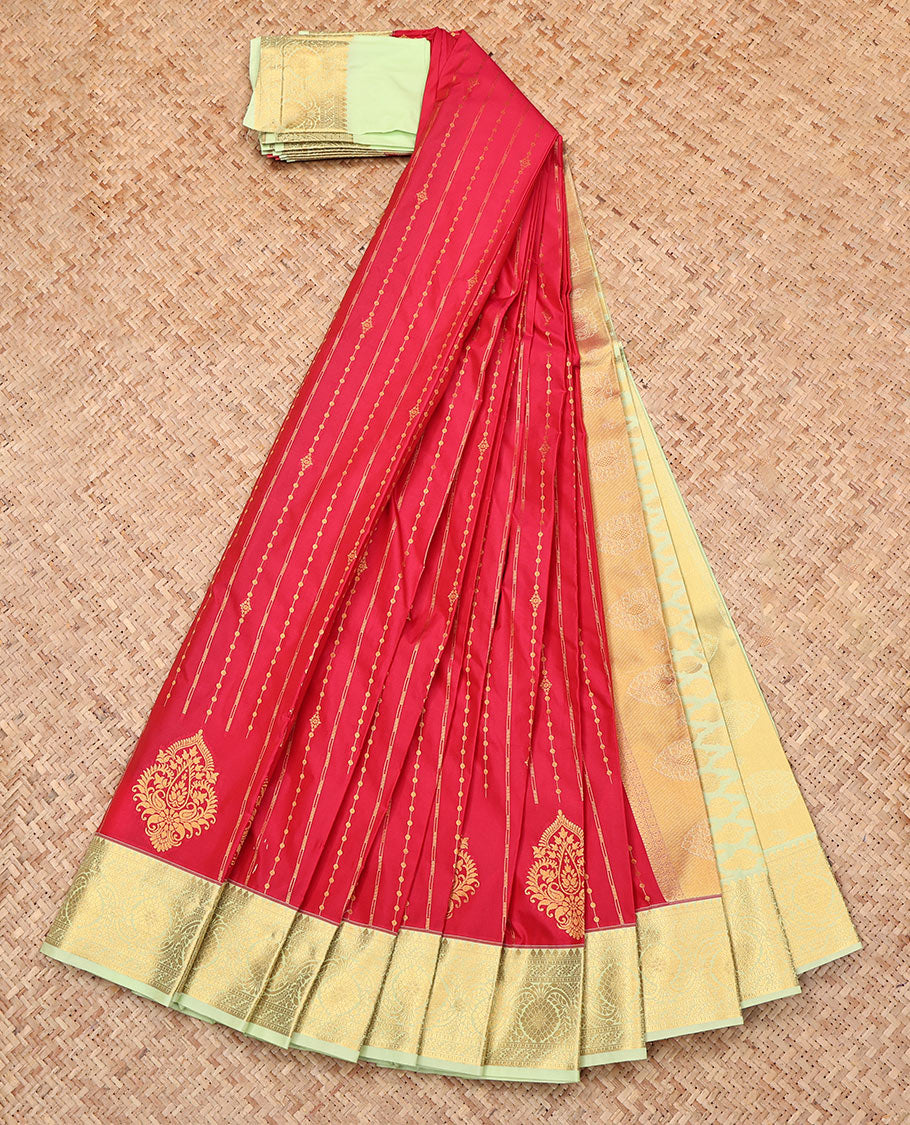 Red Budget Silk Saree, Spotlighted by Zari Designs, Complemented by a Contrast Traditional Zari Border, Grand Pallu, and Contrast Blouse