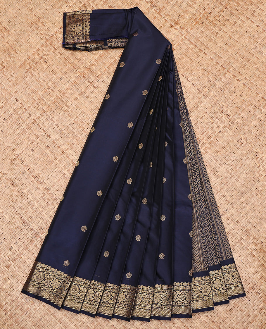 Navy Blue Budget Silk Saree, Embellished with Zari Buttas, Highlighted by a Traditional Zari Border, Intricate Pallu, and Matching Blouse
