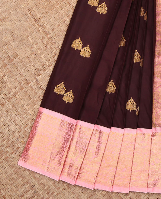 Brown Budget Silk Saree, Enriched with Zari Buttas, Complemented by a Contrast Traditional Zari Border, Grand Pallu, and a Contrast Blouse