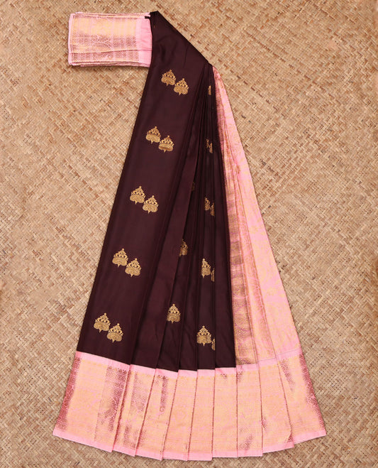 Brown Budget Silk Saree, Enriched with Zari Buttas, Complemented by a Contrast Traditional Zari Border, Grand Pallu, and a Contrast Blouse