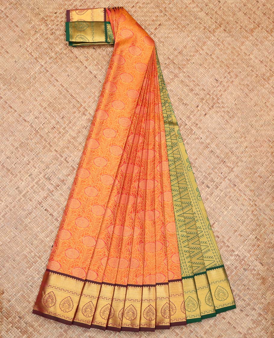 Orange Budget Silk Saree, Decked Up with Jacquard Design, Complemented by Contrast Traditional Zari Border, a Geomentric Pallu and a Contrast Blouse