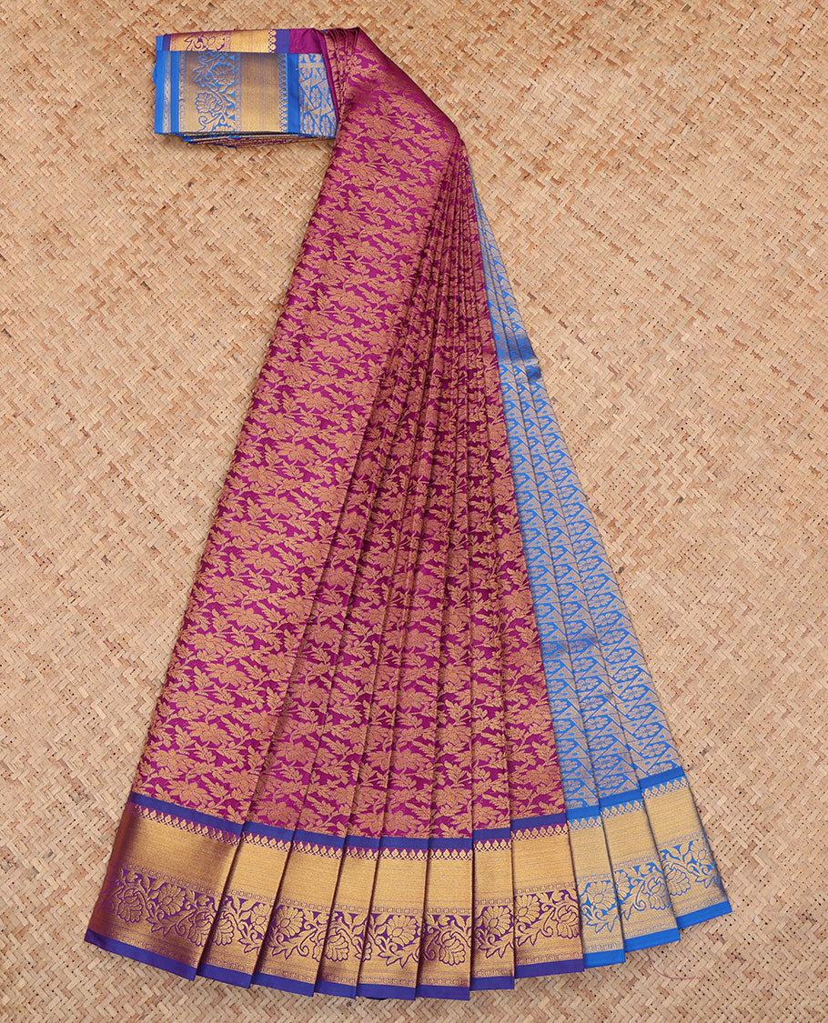 Purple Budget Silk Saree, Ornamented with Jacquard Design, a Contrast Floral Creeper Zari Border, Grand Pallu, and a Contrast Blouse