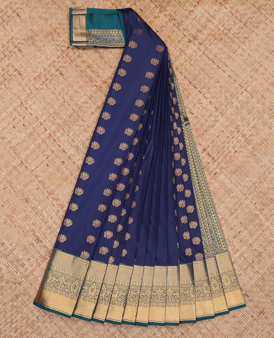 Navy Blue Budget Silk Saree, Gleamed Up with Zari Buttas, Complemented by a Contrast Traditional Zari Border, Grand Pallu, and a Contrast Blouse