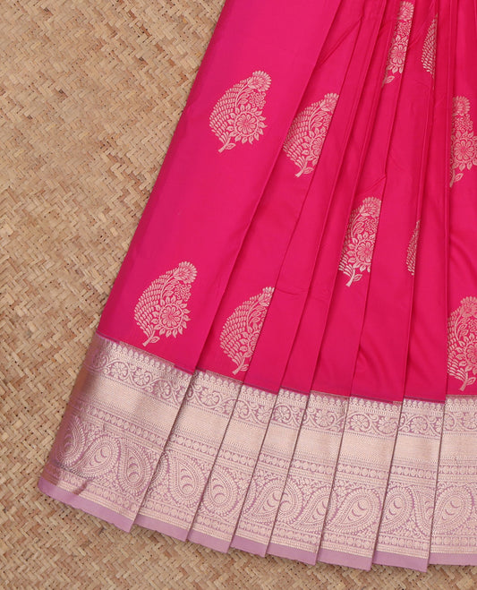 Pink Budget Silk Saree, Graced with Zari Buttas, a Contrast Traditional Border, Grand Pallu, and a Contrast Blouse