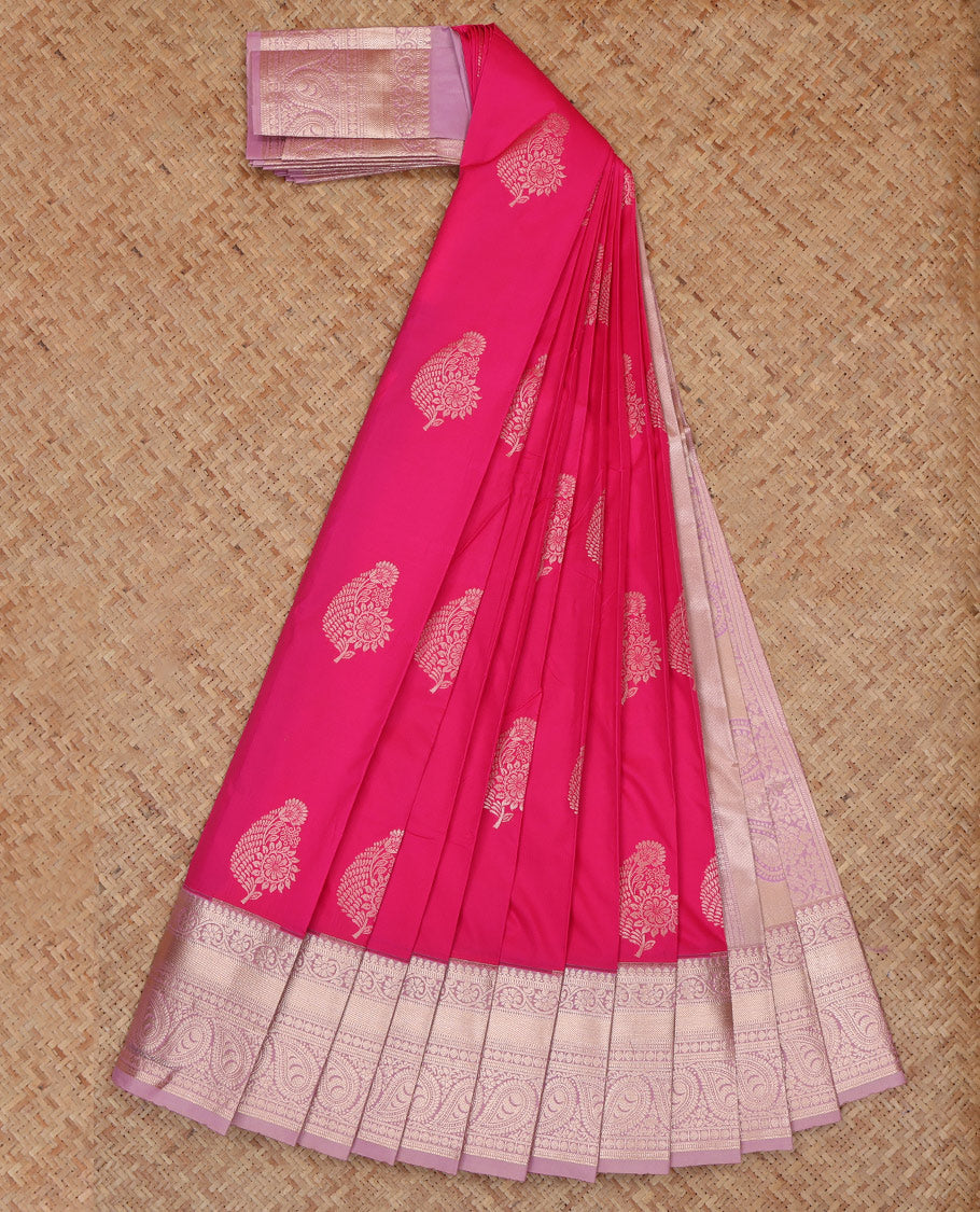 Pink Budget Silk Saree, Graced with Zari Buttas, a Contrast Traditional Border, Grand Pallu, and a Contrast Blouse